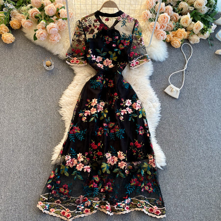 Niche Hepburn Style New Bow-neck Short-sleeved Dress - ANIBEY