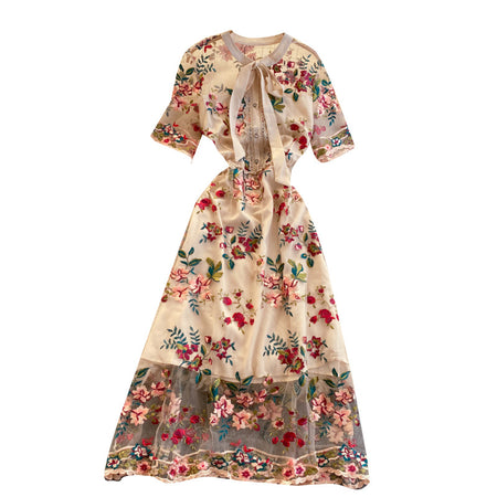 Niche Hepburn Style New Bow-neck Short-sleeved Dress - ANIBEY