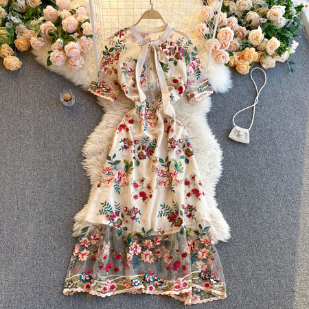 Niche Hepburn Style New Bow-neck Short-sleeved Dress - ANIBEY
