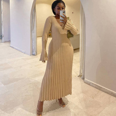 Casual Waist-skimming V-neck Large Pit-striped Slim Knitted Maxi Dress For Women - ANIBEY