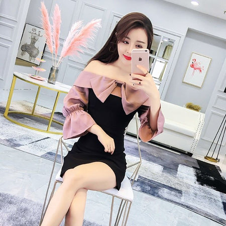 Fashion One-neck Off-shoulder Temperament Long-sleeved Dress - ANIBEY