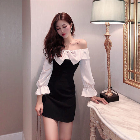 Fashion One-neck Off-shoulder Temperament Long-sleeved Dress - ANIBEY