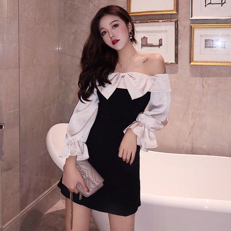 Fashion One-neck Off-shoulder Temperament Long-sleeved Dress - ANIBEY