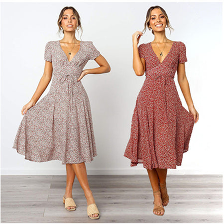 Ladies Dress Printed V-neck Short Sleeve Big Sleeve Long Skirt - ANIBEY