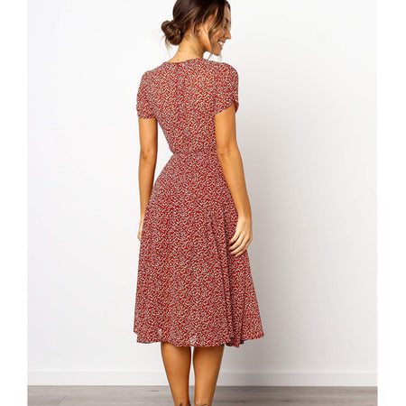 Ladies Dress Printed V-neck Short Sleeve Big Sleeve Long Skirt - ANIBEY