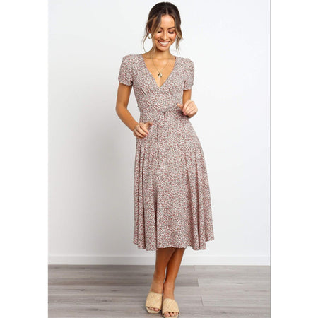 Ladies Dress Printed V-neck Short Sleeve Big Sleeve Long Skirt - ANIBEY