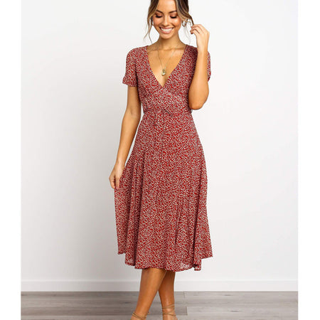 Ladies Dress Printed V-neck Short Sleeve Big Sleeve Long Skirt - ANIBEY