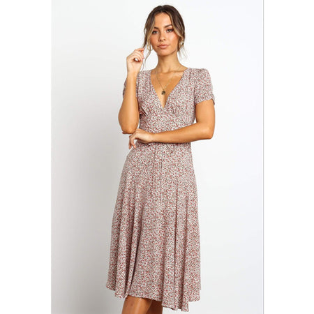 Ladies Dress Printed V-neck Short Sleeve Big Sleeve Long Skirt - ANIBEY