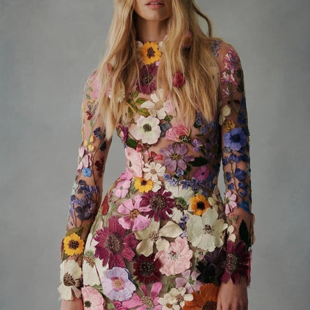 Lady's Flower Mesh Lace Embroidered Sheath Dress - ANIBEY