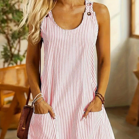 Round Neck Pocket Striped Overall Button Casual Jumpsuit Skirt - ANIBEY