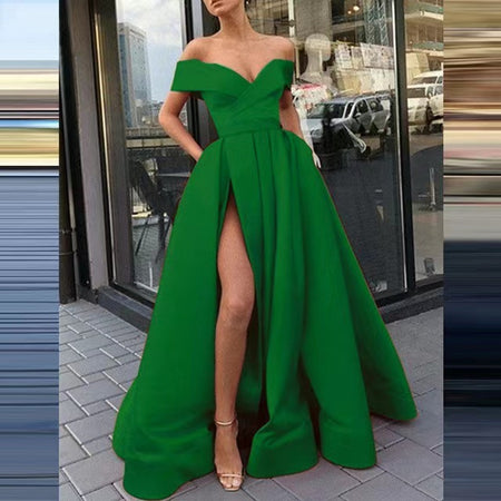 Women's Off-Shoulder Satin Thigh Slit Solid Color Long Dress - ANIBEY