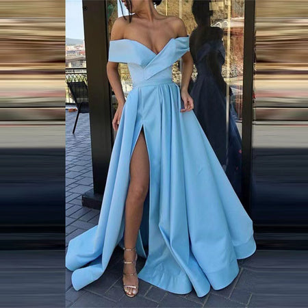 Women's Off-Shoulder Satin Thigh Slit Solid Color Long Dress - ANIBEY