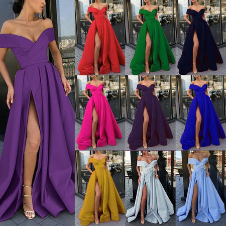 Women's Off-Shoulder Satin Thigh Slit Solid Color Long Dress - ANIBEY