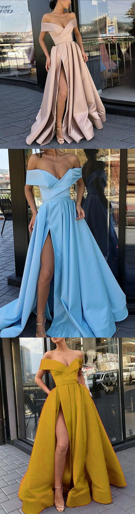 Women's Off-Shoulder Satin Thigh Slit Solid Color Long Dress - ANIBEY