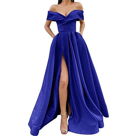 Women's Off-Shoulder Satin Thigh Slit Solid Color Long Dress - ANIBEY
