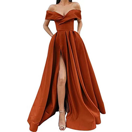 Women's Off-Shoulder Satin Thigh Slit Solid Color Long Dress - ANIBEY