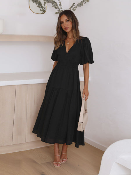 Women's V-neck Balloon Sleeve Midi Dress - ANIBEY
