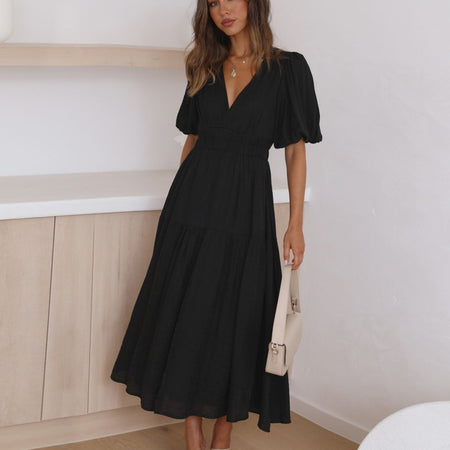 Women's V-neck Balloon Sleeve Midi Dress - ANIBEY