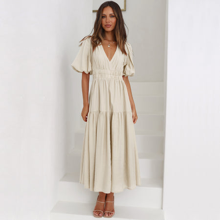 Women's V-neck Balloon Sleeve Midi Dress - ANIBEY
