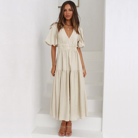 Women's V-neck Balloon Sleeve Midi Dress - ANIBEY