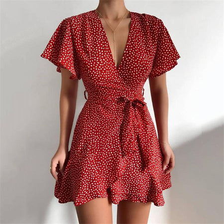 V-neck Ruffled Belt Wrap Dress - ANIBEY