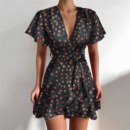 V-neck Ruffled Belt Wrap Dress - ANIBEY