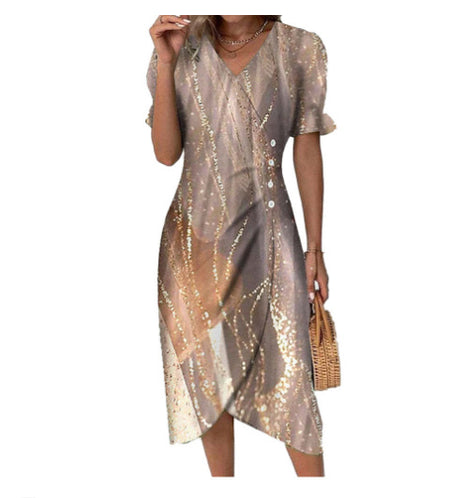 New Women's V-neck Floral Hem Irregular Pattern Print Dress - ANIBEY
