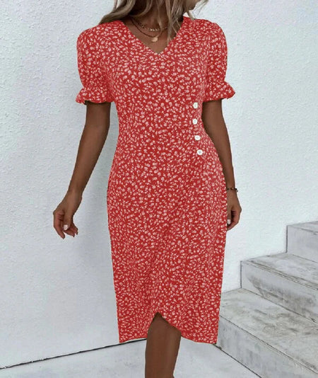 New Women's V-neck Floral Hem Irregular Pattern Print Dress - ANIBEY