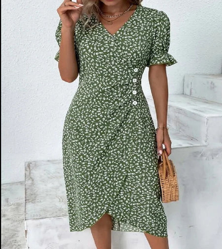 New Women's V-neck Floral Hem Irregular Pattern Print Dress - ANIBEY