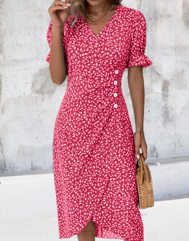 New Women's V-neck Floral Hem Irregular Pattern Print Dress - ANIBEY