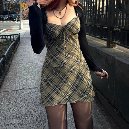 European And American Plaid Woven Sling A Line Dress - ANIBEY