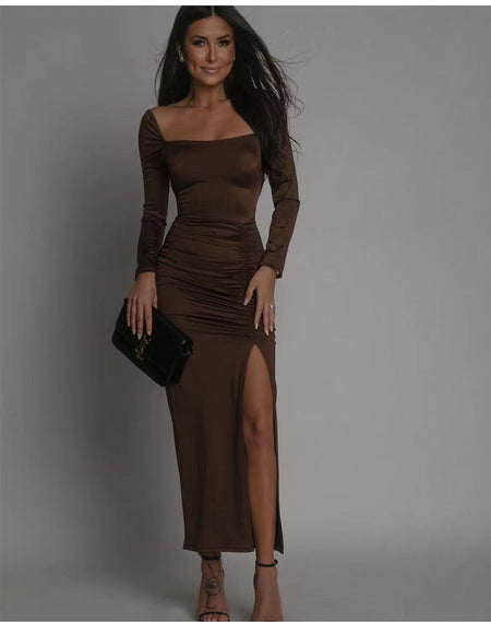 Woman Square-neck Split Long Sleeve Long Patchwork Dress - ANIBEY