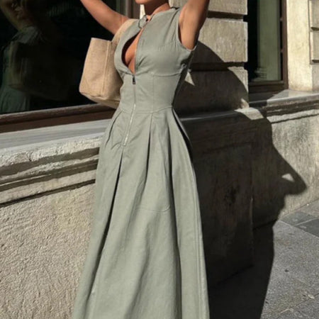 European And American Sleeveless V-neck Casual Waist Zipper Collar Dress - ANIBEY