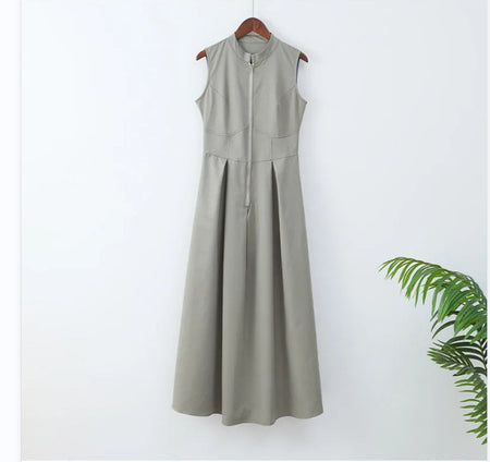 European And American Sleeveless V-neck Casual Waist Zipper Collar Dress - ANIBEY