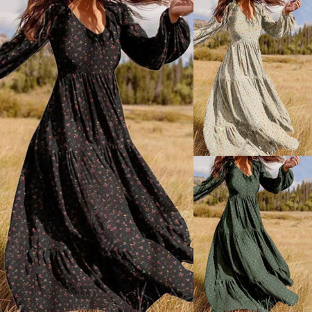 Long Sleeved Printed Dress Female V Neck Lantern Sleeve Stitching Large Swing Dress - ANIBEY