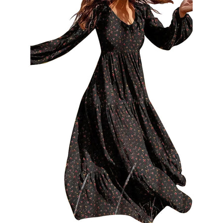Long Sleeved Printed Dress Female V Neck Lantern Sleeve Stitching Large Swing Dress - ANIBEY