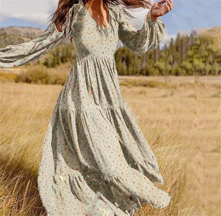 Long Sleeved Printed Dress Female V Neck Lantern Sleeve Stitching Large Swing Dress - ANIBEY