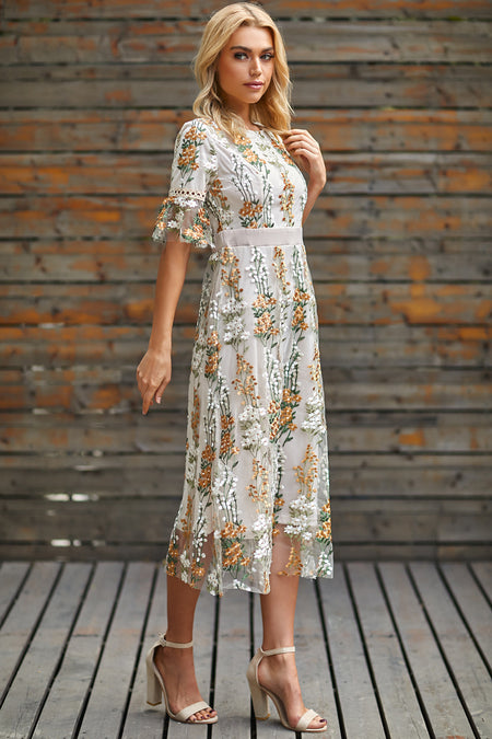 Embroidered Wisteria Flower Mesh High Waist Slim Mid-length Dress - ANIBEY