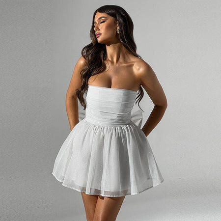 Tube Top Lace Dress With Back Bow-knot Summer Fashion Temperament Mesh Stitching Off-neck Short Skirt - ANIBEY