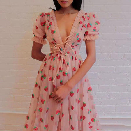 Cross-Border Dress French Strawberry Two-Color Sequined Long Skirt Mesh Lace Strap Slim Fashion Even - ANIBEY