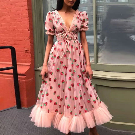 Cross-Border Dress French Strawberry Two-Color Sequined Long Skirt Mesh Lace Strap Slim Fashion Even - ANIBEY