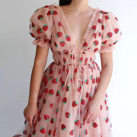 Cross-Border Dress French Strawberry Two-Color Sequined Long Skirt Mesh Lace Strap Slim Fashion Even - ANIBEY