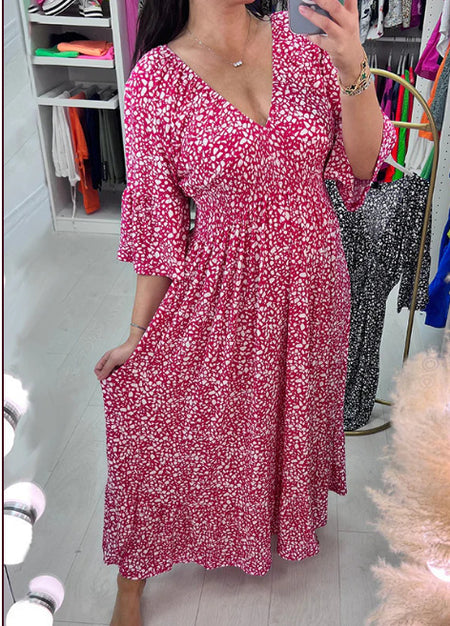 European And American Ladies V-neck Floral Seaside Holiday Beach Skirt Loose Dress - ANIBEY