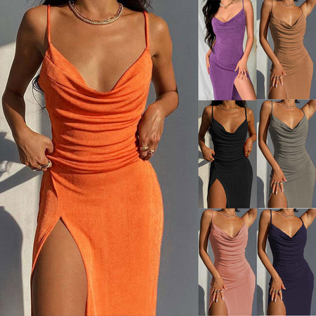 European And American Smooth Knitted Women's Slit Suspender Dress - ANIBEY