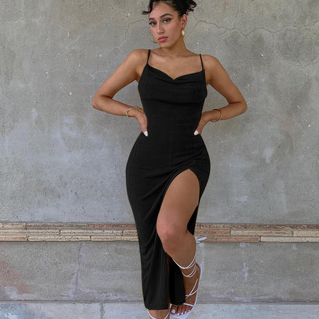 European And American Smooth Knitted Women's Slit Suspender Dress - ANIBEY