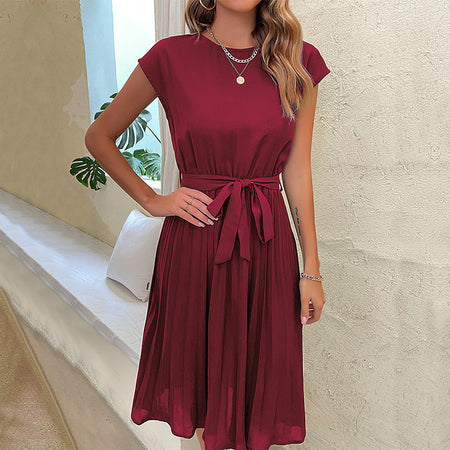 Lace Up Solid Pleated Dress - ANIBEY