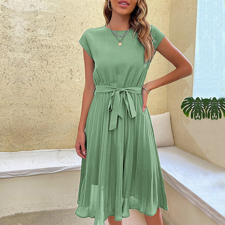 Lace Up Solid Pleated Dress - ANIBEY