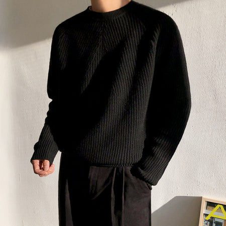 Men's Solid Color Crew Neck Ribbed Sweater - ANIBEY