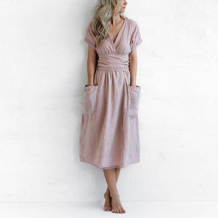 Short Sleeve V-neck Pocket Solid Color Loose Linen Dress - ANIBEY