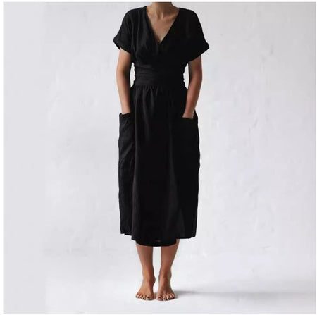Short Sleeve V-neck Pocket Solid Color Loose Linen Dress - ANIBEY